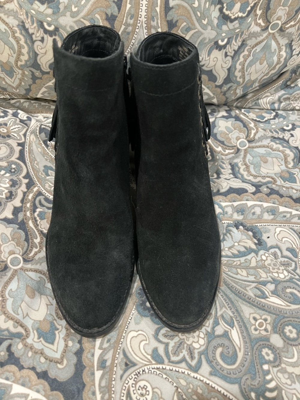 Women's Sofft Winters Black Suede Ankle Boots Classic Side-Zip Style with Fringe